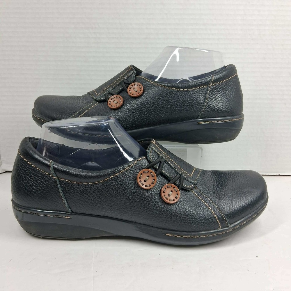 Clarks Collection Black Leather Cushion Soft Button Slip On Loafers Womens 10 M